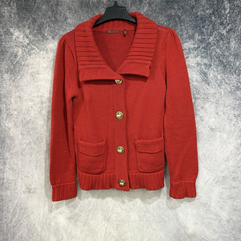 525 America Red Knit Cardigan Sweater Size M Gold Metal Twist Button Heavy Knit